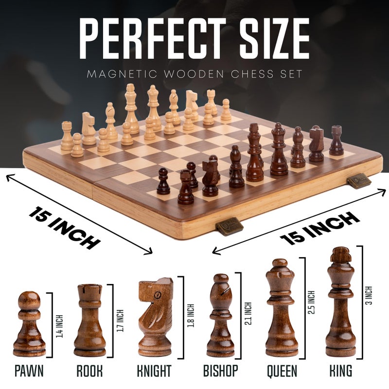 Chess Armory 15 Inch Magnetic Wooden Chess Set for Adults & Kids - Folding Travel Chess Board with Handcrafted Staunton Pieces, Extra Queens, and Storage Slots - Image 3